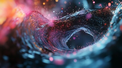 Abstract wave of light with glowing particles and bokeh effects in motion