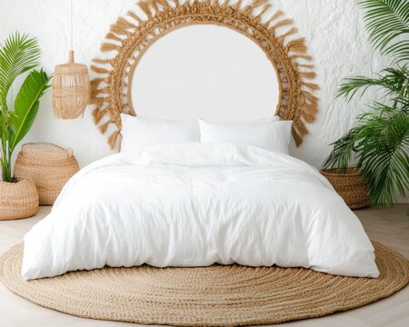 White textured duvet cover on bed in a bohemian bedroom setting. Natural fiber rug, woven mirror, and tropical plants add to the relaxed atmosphere.