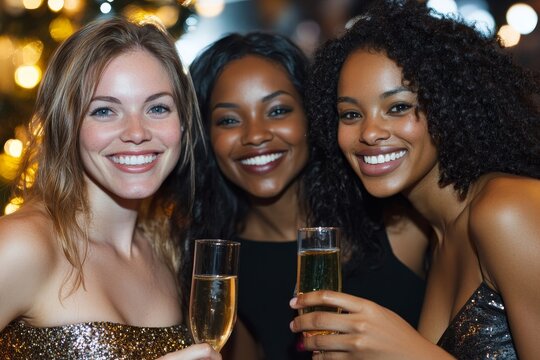 Happy women celebrating New Year at nightclub - Powered by Adobe
