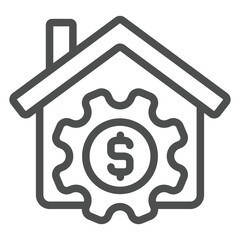 House with dollar cogwheel coin line icon, housing market concept. Vector graphics. Cottage building and gear sign on white background, outline style icon for mobile or web design.