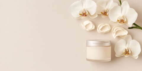 Well-groomed feet are showcased alongside a nourishing cream and elegant orchid flowers, enhancing the tranquil ambiance perfect for self-care routines