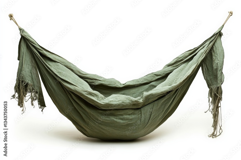 Poster craftsman-made hammock in green fabric displayed against a white background, showcasing intricate te