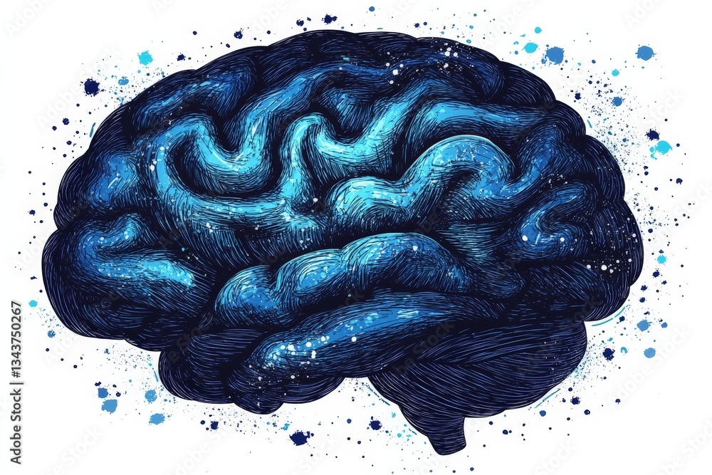Leinwandbilder Artistic representation of a blue brain surrounded by abstract splashes of color, showcasing the complexity of human thought at a creative event