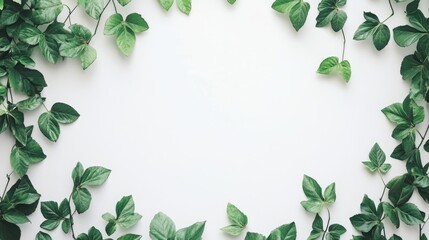 Naklejka premium Lush green leaves framing a clean white background, perfect for nature-themed designs or eco-friendly concepts