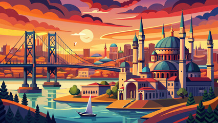 Naklejka premium Istanbul Bosphorus panoramic photo. Istanbul landscape beautiful sunset with clouds Ortakoy Mosque, Bosphorus Bridge, Fatih Sultan Mehmet Bridge Istanbul Turkey.Best touristic destination of 