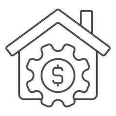 House with dollar cogwheel coin thin line icon, housing market concept. Vector graphics. Cottage building and gear sign on white background, outline style icon for mobile or web design.