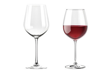 "Comparison of Full and Empty Wine Glasses on Plain White Background, One Filled, One Empty