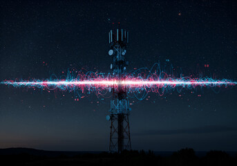 A futuristic telecommunications tower illuminated by colorful digital waves and nodes, symbolizing seamless data connectivity and advanced communication technology