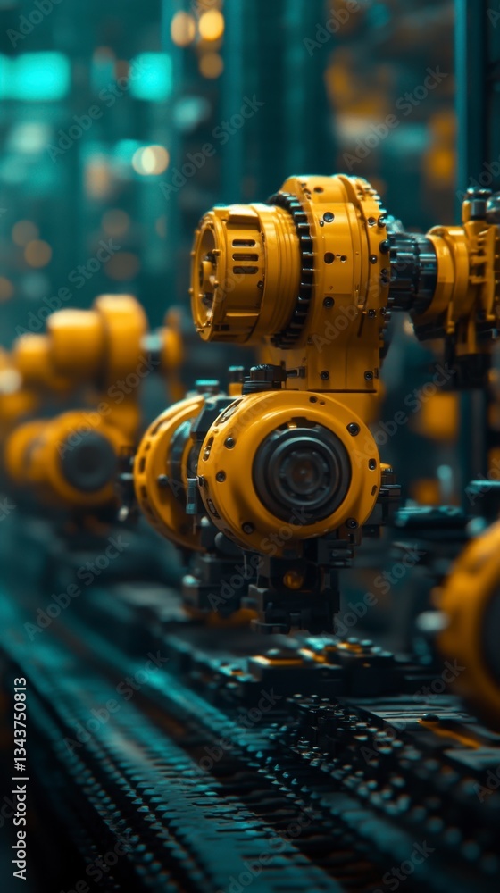 Poster close up view of a row of yellow industrial gears and mechanisms on a dark teal production line, cre