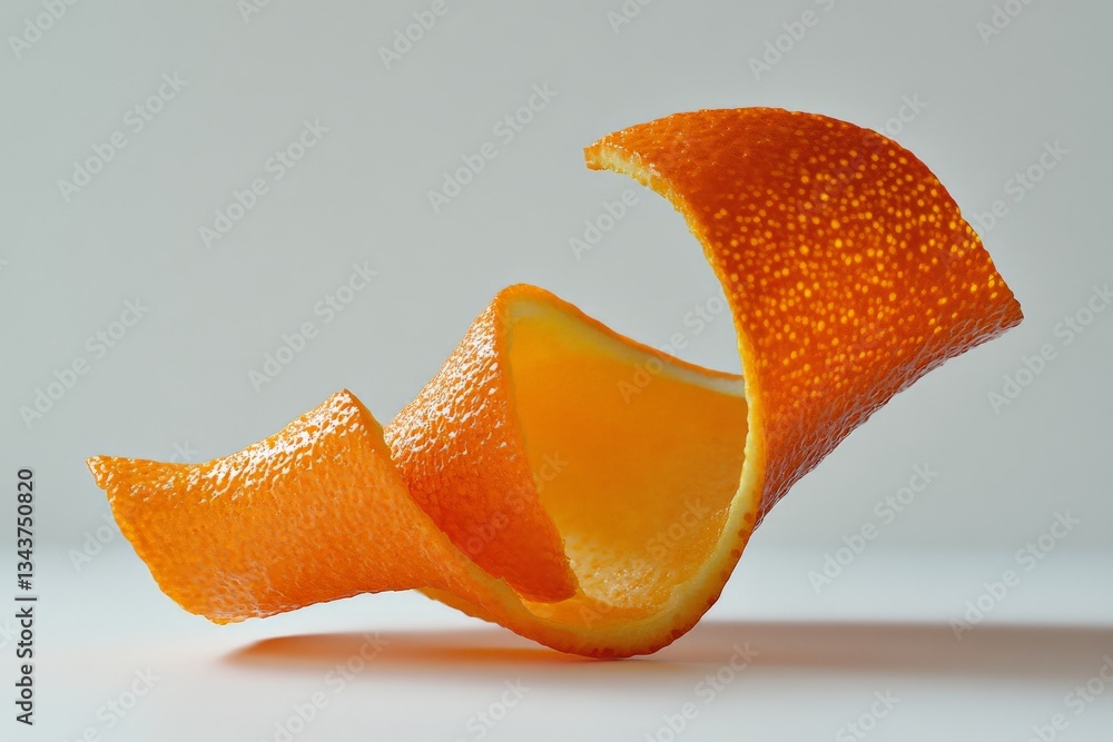 Poster creative display of orange peel spirals showcasing vibrant colors and textures in a minimalistic set