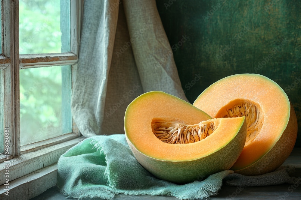 Aufkleber freshly sliced cantaloupe by the window with natural light highlighting its texture and color in a c