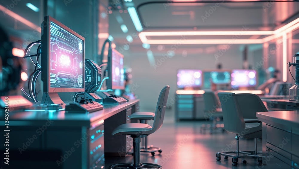 Poster futuristic workspace with high-tech computers in a modern laboratory setting showcasing advanced tec