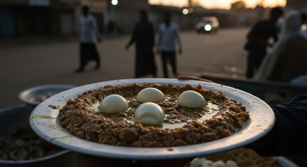 Serving Traditional Sudanese Food Foul with Boiled Eggs on Plate