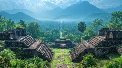 Ancient ruins surrounded by lush greenery and misty mountains in the background