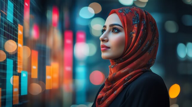 Woman wearing hijab gazes at bright financial market display - Powered by Adobe