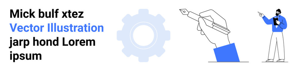 Hand holding pen for writing, gear representing creativity or process, and person with tablet. Ideal for teamwork, innovation, strategy, productivity, planning, learning simple landing page