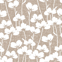 Abstract seamless pattern with tropical flowers leaves silhouette, line drawing. Hand drawn retro styled vector illustration for fabric, wrapping texture, textile, wallpaper, cool graphic art