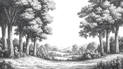 Serene landscape with tall trees framing a peaceful valley scene