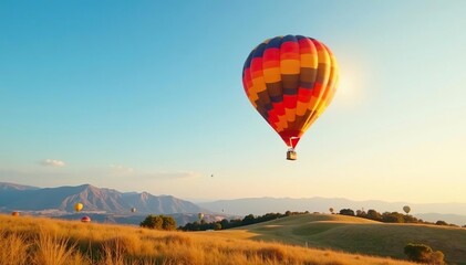 Lone, brightly colored hot air balloon against clear sky, one, flight