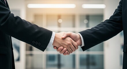 Deal is sealed: A firm handshake signifies a successful business partnership, agreement, or greeting. Symbolizing collaboration, trust, and mutual respect in a modern office environment.