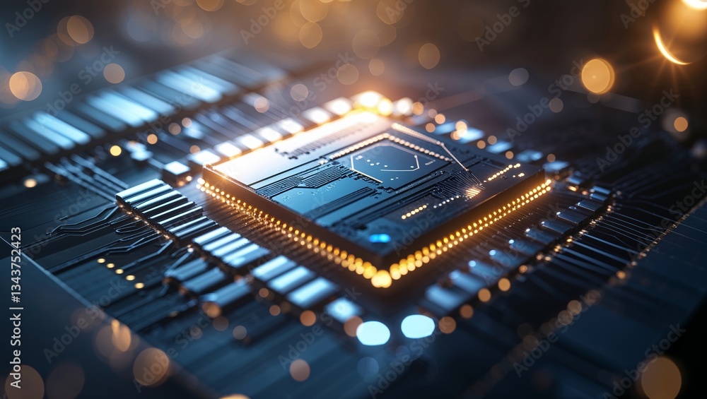 Poster exploring the intricate design of a modern computer chip illuminated by soft lights at night