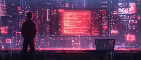 Background with digital city and programmer, suitable for cybersecurity themes, programming and futuristic concepts.