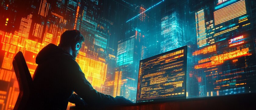 Background with a programmer wearing headphones in front of code on screen, great for technology blogs, programming tutorials or advertising IT courses. - Powered by Adobe