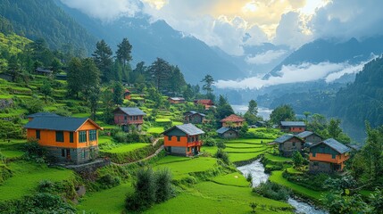 Serene village landscape with colorful houses amidst lush green terraced fields