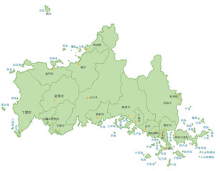 山口県　地図　黄緑　斑点　イラスト