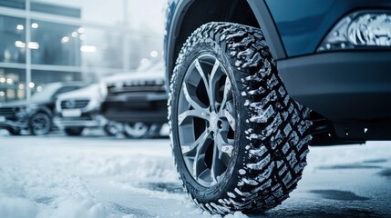 A close-up of a winter tire on a snowy surface, showcasing traction and vehicle readiness.