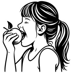 Child Biting Apple Sketch Drawing.