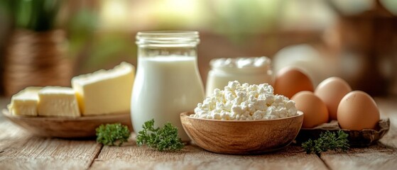 Still life with dairy products and eggs, perfect for cooking blogs, recipes and grocery stores.