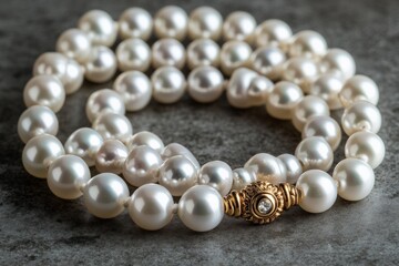 Elegant pearl necklace with gold clasp displayed on a textured surface in soft lighting
