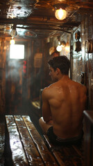 Back view of sweaty man in rustic wooden sauna
