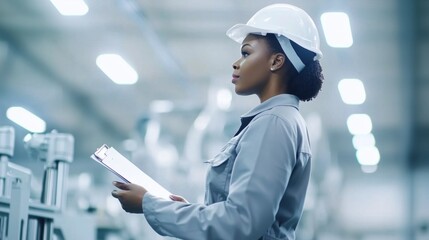 Black woman in gray work uniform inspecting equipment in a modern industrial environment