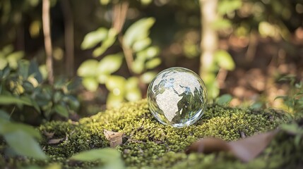 Eco-friendly globe inside a glass sphere floating on green moss, with a logo for global environmental protection in a serene natural setting. Symbolizes sustainability and ecological awareness.