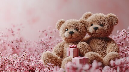 Adorable Teddy Bears with Gifts in Pink Flowers