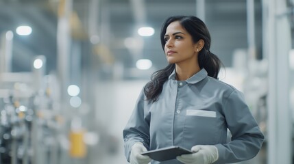 South Asian woman in gray work attire holding a tablet in industrial setting