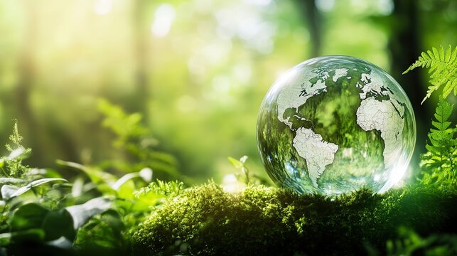 Eco-friendly globe inside a glass sphere floating on green moss, with a logo for global environmental protection in a serene natural setting. Symbolizes sustainability and ecological awareness.