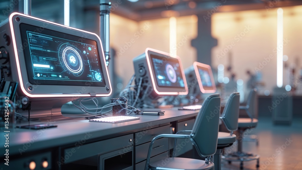 Poster high-tech workspace with multiple computer stations and glowing screens in a modern laboratory setti