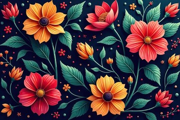 Bold, vibrant floral pattern in rich jewel tones , gold, colorful, pattern