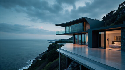Modern cliffside villa overlooking tranquil ocean at dusk