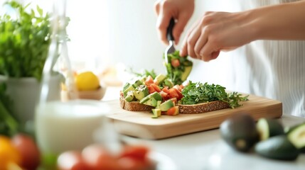 Naklejka premium Chopping fresh vegetables for a delicious vegan meal preparation in a bright kitchen