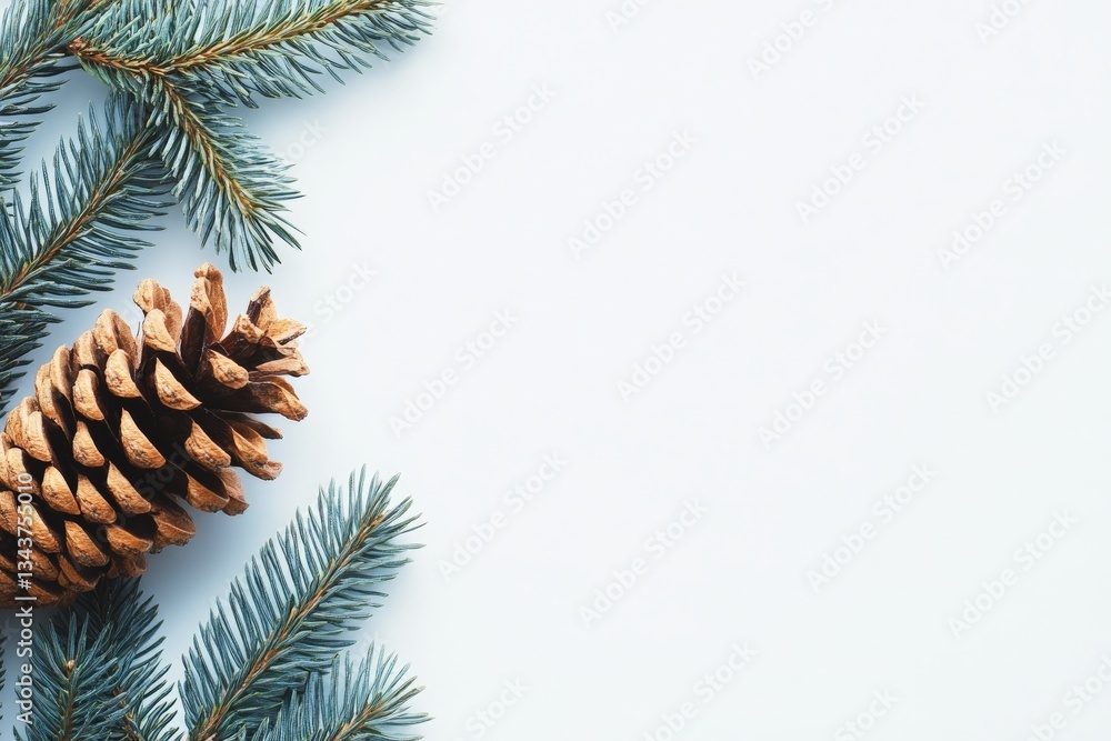 Poster Decorative pine cone surrounded by evergreen branches on a light background in a serene winter setting