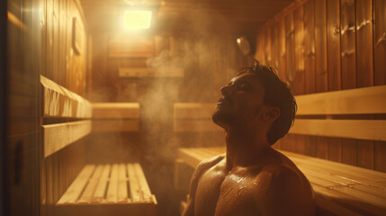 Relaxed man leaning in steamy wooden sauna
