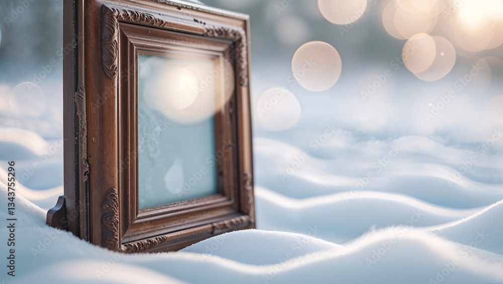 Poster empty frame in snow with blurred lights creating a dreamy winter atmosphere