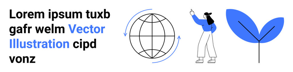 Person gesturing confidently, globe with rotation arrows, and leaf representing growth ideals. Ideal for sustainability, environment, education, teamwork, growth, innovation simple landing page