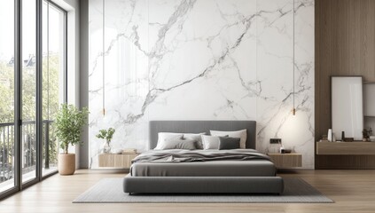 Modern bedroom with marble wall, city view, comfortable bed. Stock photo