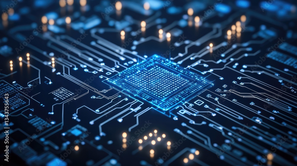 Poster close-up view of a glowing microchip surrounded by intricate circuit patterns and illuminated connec