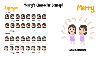 An excited cartoon little girl vector. Girl lip sync set for animation. Girl face expression vector. Little girl cartoon character vector & illustration.